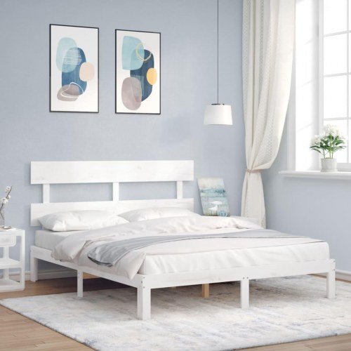 Sengeramme 160x200 cm i massivt fyrretræ - hvid med sengegavl