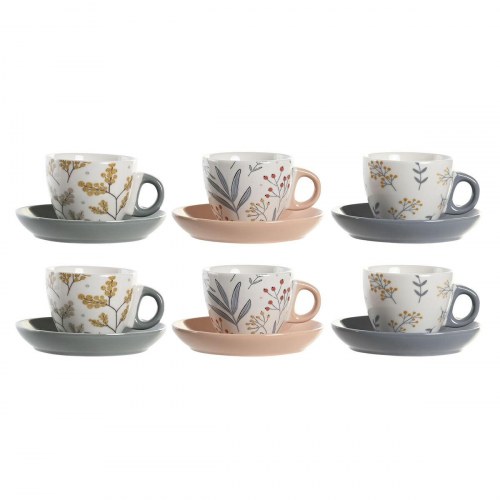 Espressokopper med underkop - 6 dele, porcelæn, 90 ml, blå/grå/lyserød, floral