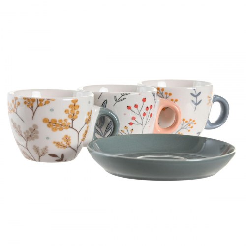 Espressokopper med underkop - 6 dele, porcelæn, 90 ml, blå/grå/lyserød, floral