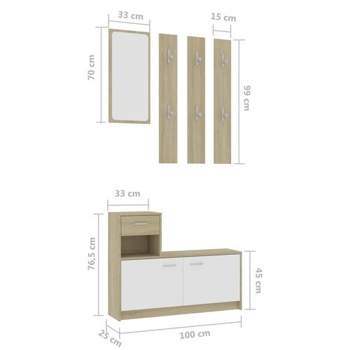 Entrémøbel 100x25x76,5 cm konstrueret træ hvid og sonoma-eg