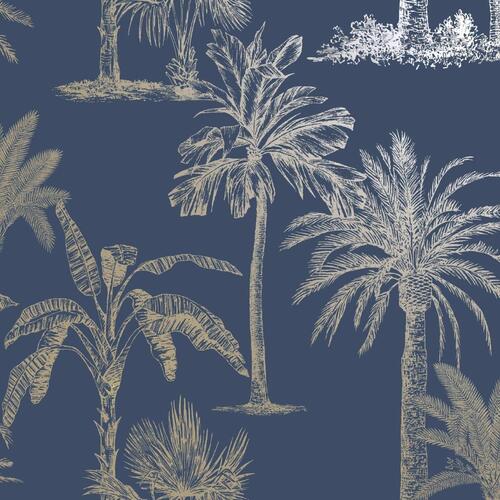 DUTCH WALLCOVERINGS tapet Tropical Trees marineblå og sølvfarvet