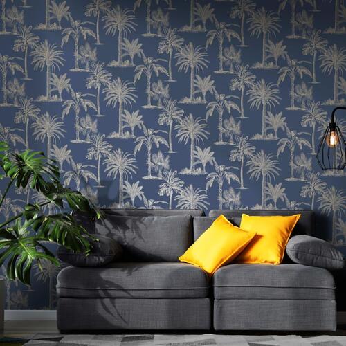 DUTCH WALLCOVERINGS tapet Tropical Trees marineblå og sølvfarvet