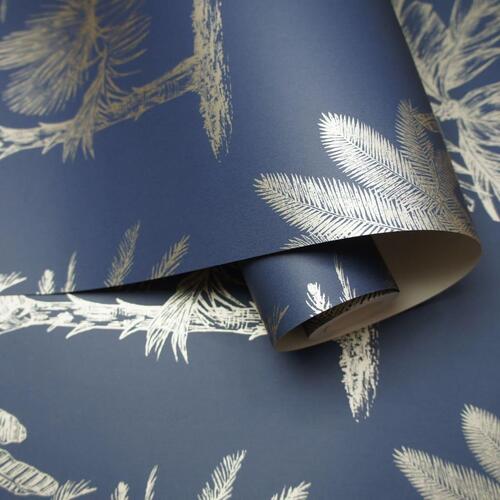DUTCH WALLCOVERINGS tapet Tropical Trees marineblå og sølvfarvet