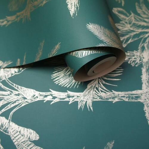 DUTCH WALLCOVERINGS tapet Tropical Trees blågrøn og sølvfarvet