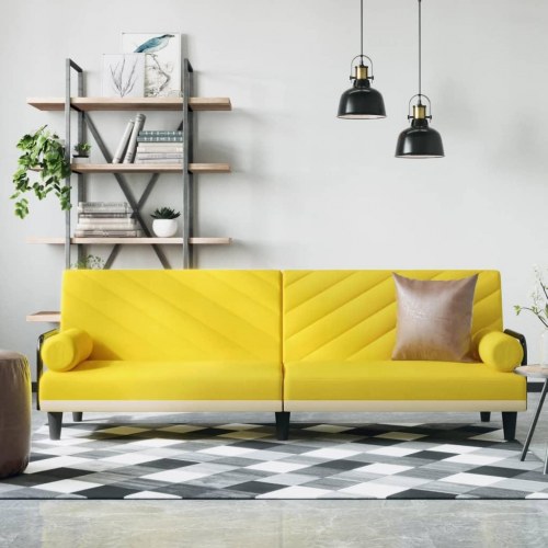 Sovesofa med armlæn i stof - lysegul, 205 cm