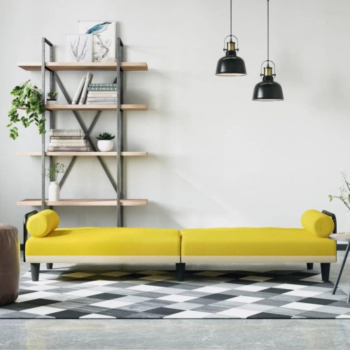 Sovesofa med armlæn i stof - lysegul, 205 cm