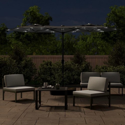 Parasol m. dobbelt parasoldug og LED-lys 316x145 cm antracitgrå