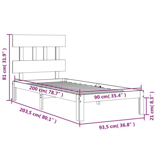 Sengeramme i massivt fyrretræ 90x200 cm - med sengegavl