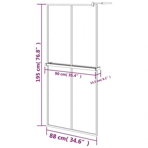 Brusevæg med hylde 90x195 cm sikkerhedsglas og aluminium sort