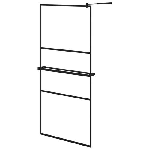 Brusevæg med hylde 90x195 cm sikkerhedsglas og aluminium sort