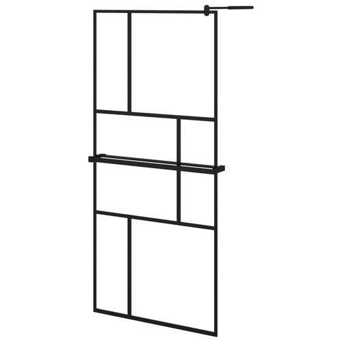 Brusevæg med hylde 90x195 cm sikkerhedsglas og aluminium sort