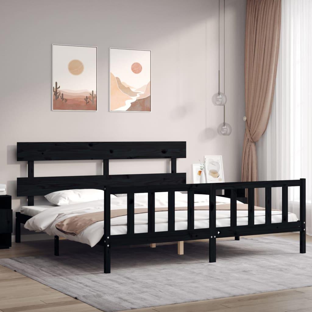 Sengeramme Med Sengegavl Kingsize Massivt Træ - Sort / med hovedgærde og fodgærde / 200 x 200 cm