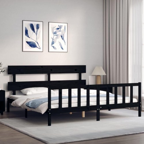 Sengeramme med sengegavl Super King Size massivt træ sort