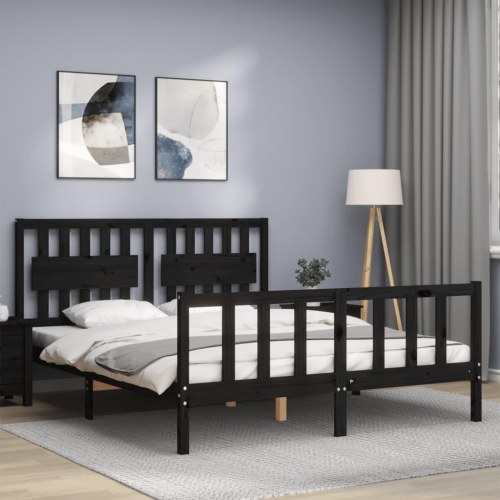 Sengeramme med sengegavl kingsize massivt træ sort
