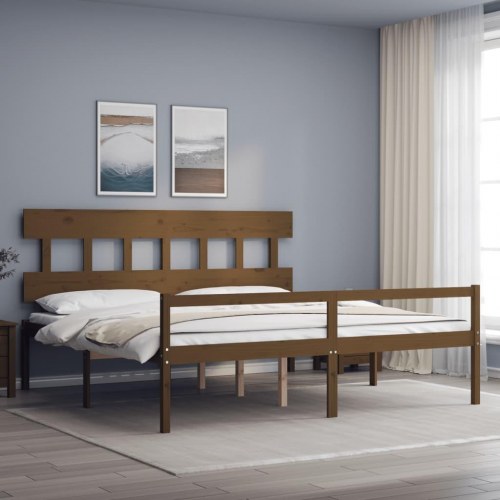 Seniorseng med sengegavl 200x200 cm massivt træ gyldenbrun