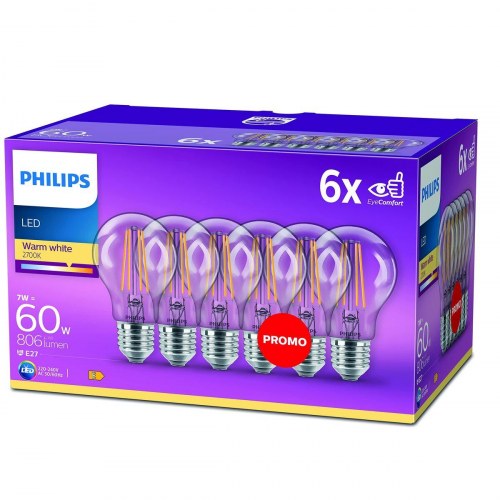 Philips LED-pære E27 7 W (svarer til 60 W) - varm hvid 2700 K, klar - 6-pak