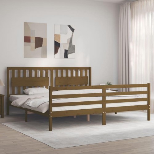Sengeramme med sengegavl 200x200 cm massivt træ gyldenbrun