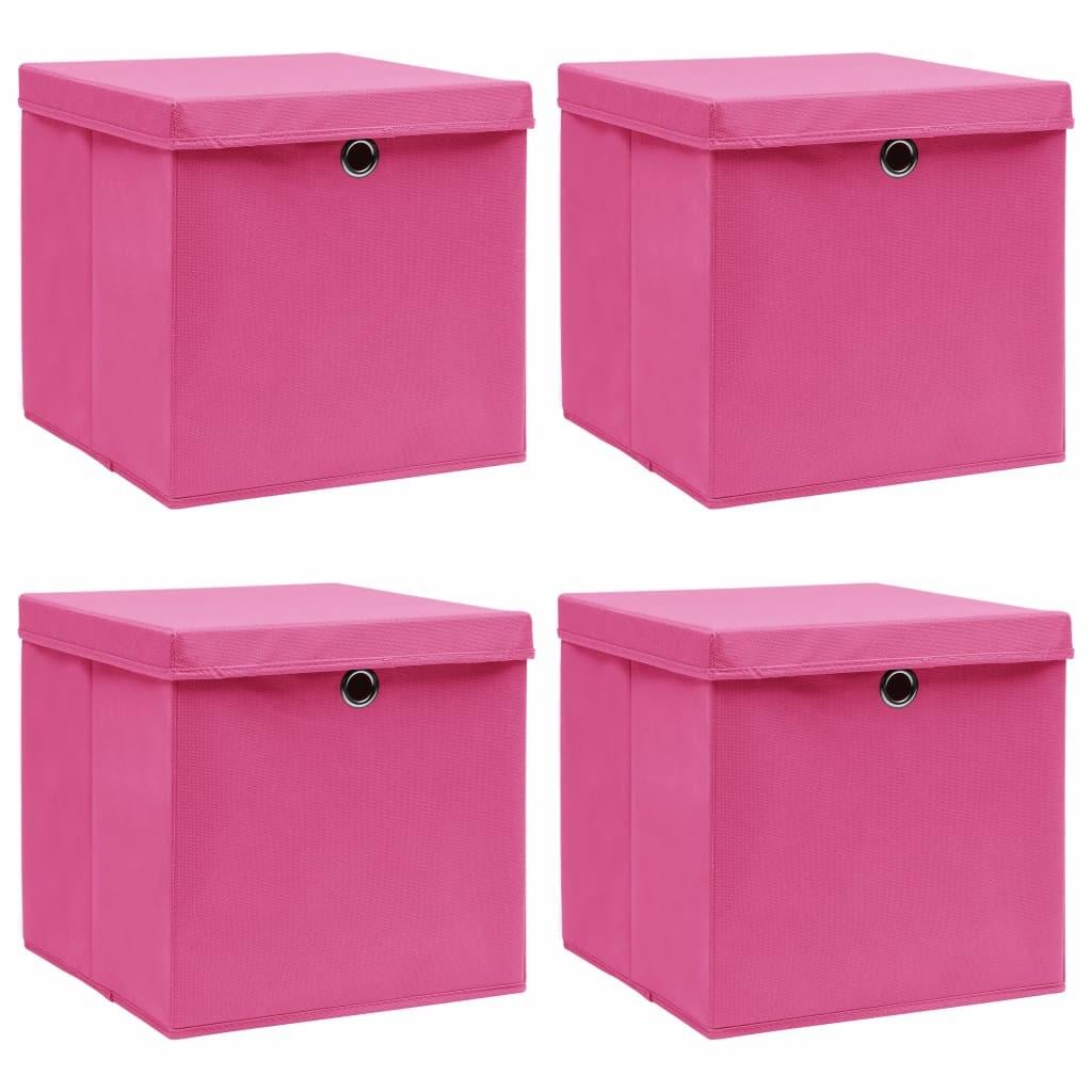 Opbevaringskasser med låg 4 stk. 32x32x32 stof pink
