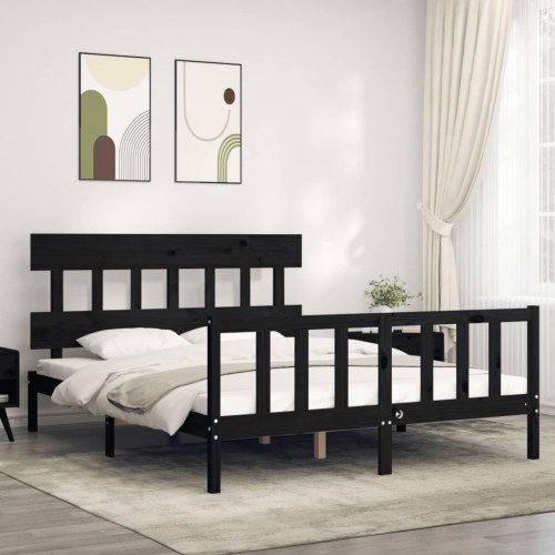 Sengeramme med sengegavl kingsize massivt træ sort