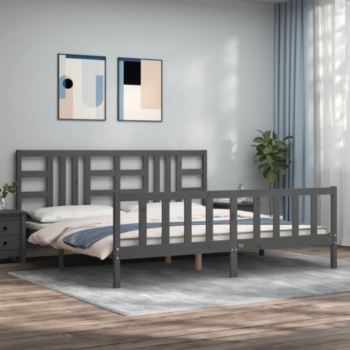 Sengeramme med sengegavl 200x200 cm massivt træ grå