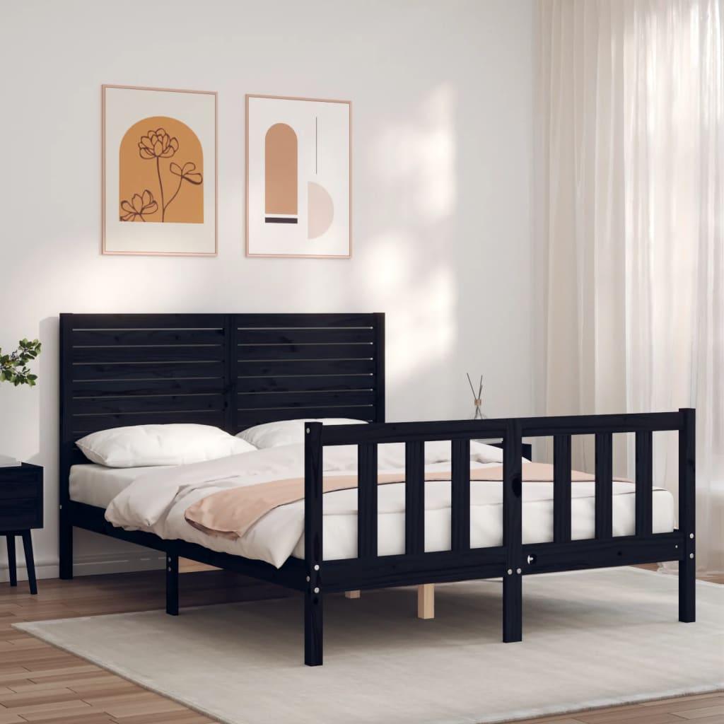 Sengeramme Med Sengegavl Massivt Træ - Sort / 135 x 190 cm