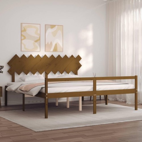 Seniorseng med sengegavl 200x200 cm massivt træ gyldenbrun