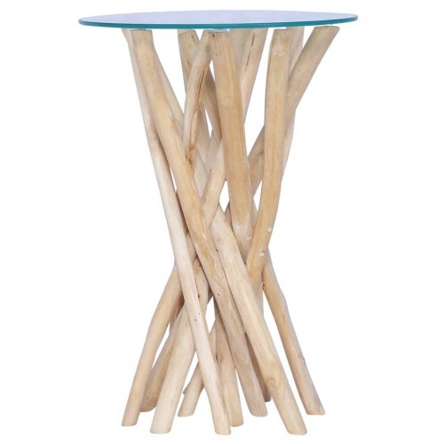 Sofabord i massivt teaktræ med glasplade 35×35×50 cm - lysebrun