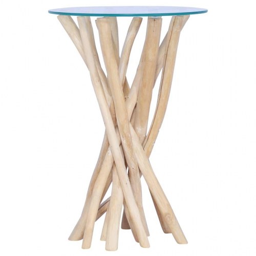 Sofabord i massivt teaktræ med glasplade 35×35×50 cm - lysebrun