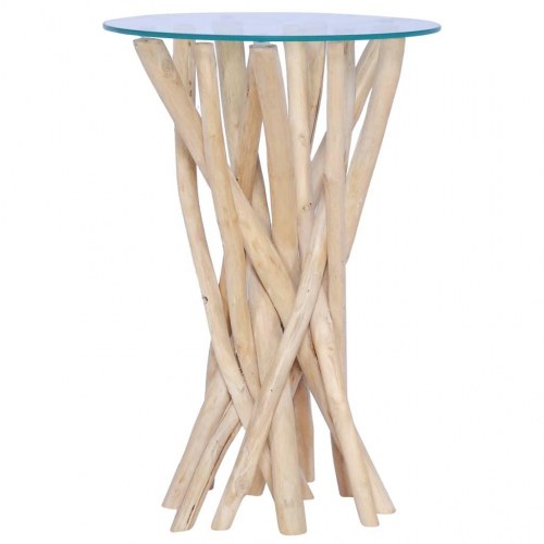 Sofabord i massivt teaktræ med glasplade 35×35×50 cm - lysebrun