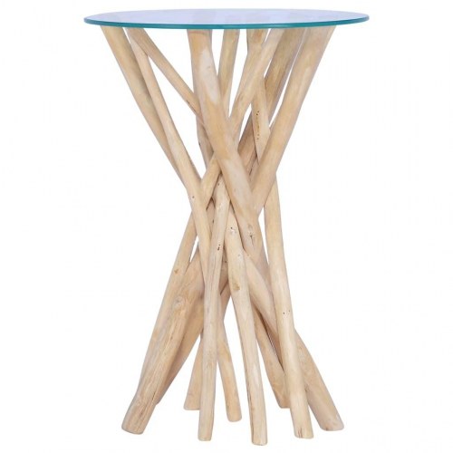 Sofabord i massivt teaktræ med glasplade 35×35×50 cm - lysebrun