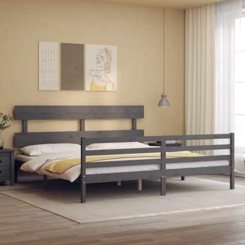 Sengeramme med sengegavl 200x200 cm - massivt fyrretræ, grå