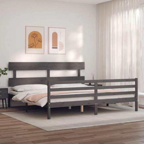 Sengeramme med sengegavl 200x200 cm - massivt fyrretræ, grå