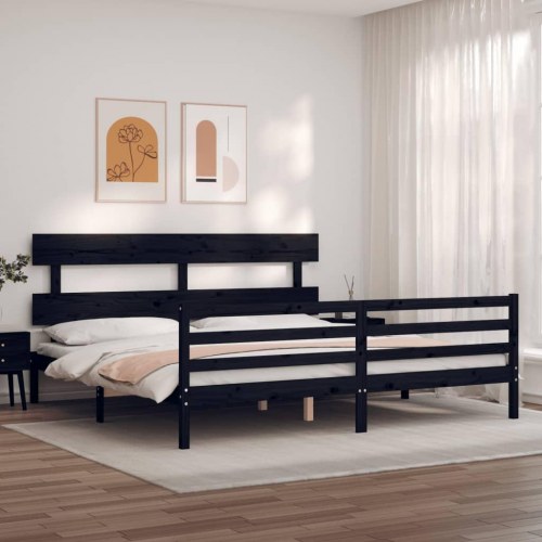 Sengeramme med sengegavl 200x200 cm massivt træ sort