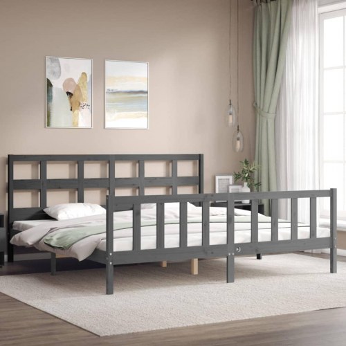 Sengeramme med sengegavl 200x200 cm massivt træ grå