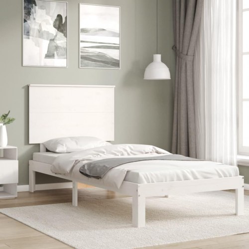 Sengeramme 90x200 cm i massivt fyrretræ - hvid med sengegavl