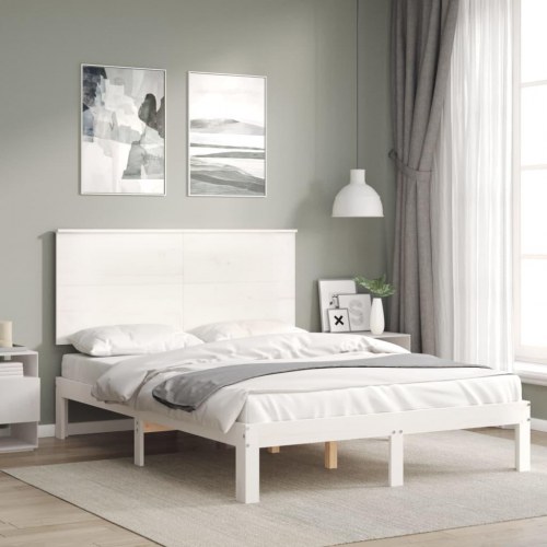 Sengeramme 140x200 cm i massivt fyrretræ - hvid med hovedgærde