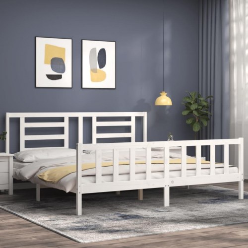 Sengeramme med sengegavl 200x200 cm massivt træ hvid