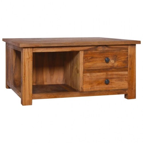 Sofabord i massivt teaktræ 68 × 68 × 33 cm - med skuffer og hylde