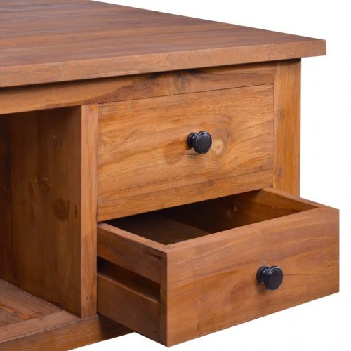 Sofabord i massivt teaktræ 68 × 68 × 33 cm - med skuffer og hylde