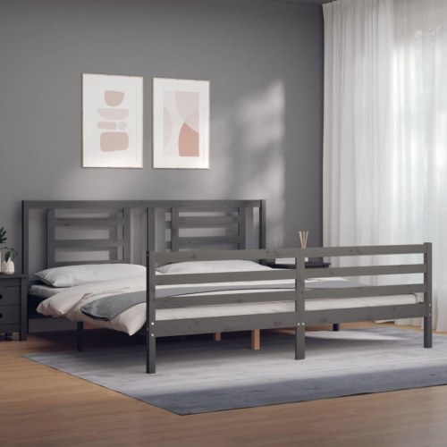 Sengeramme med sengegavl 200x200 cm - massivt fyrretræ, grå