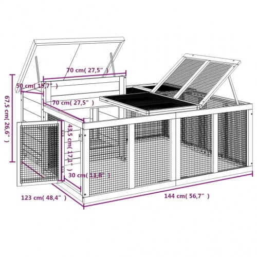 Kaninbur i massivt fyrretræ med løbegård - 144 × 123 × 67,5 cm, mokka/hvid