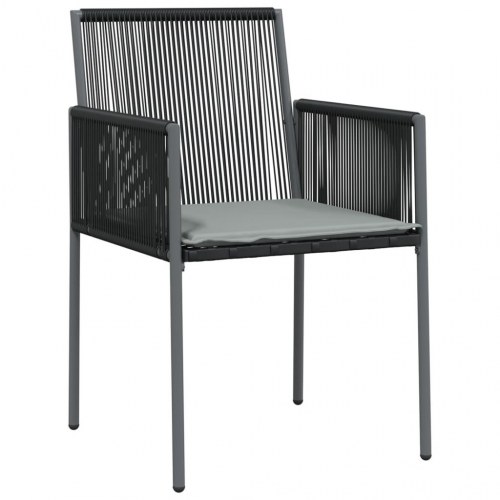Spisebordssæt til haven - 3 dele i sort polyrattan og stål m. lysegrå hynder