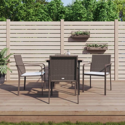 Spisebordssæt til haven - 5 dele i brun polyrattan med stål og glasbord + cremefarvede hynder