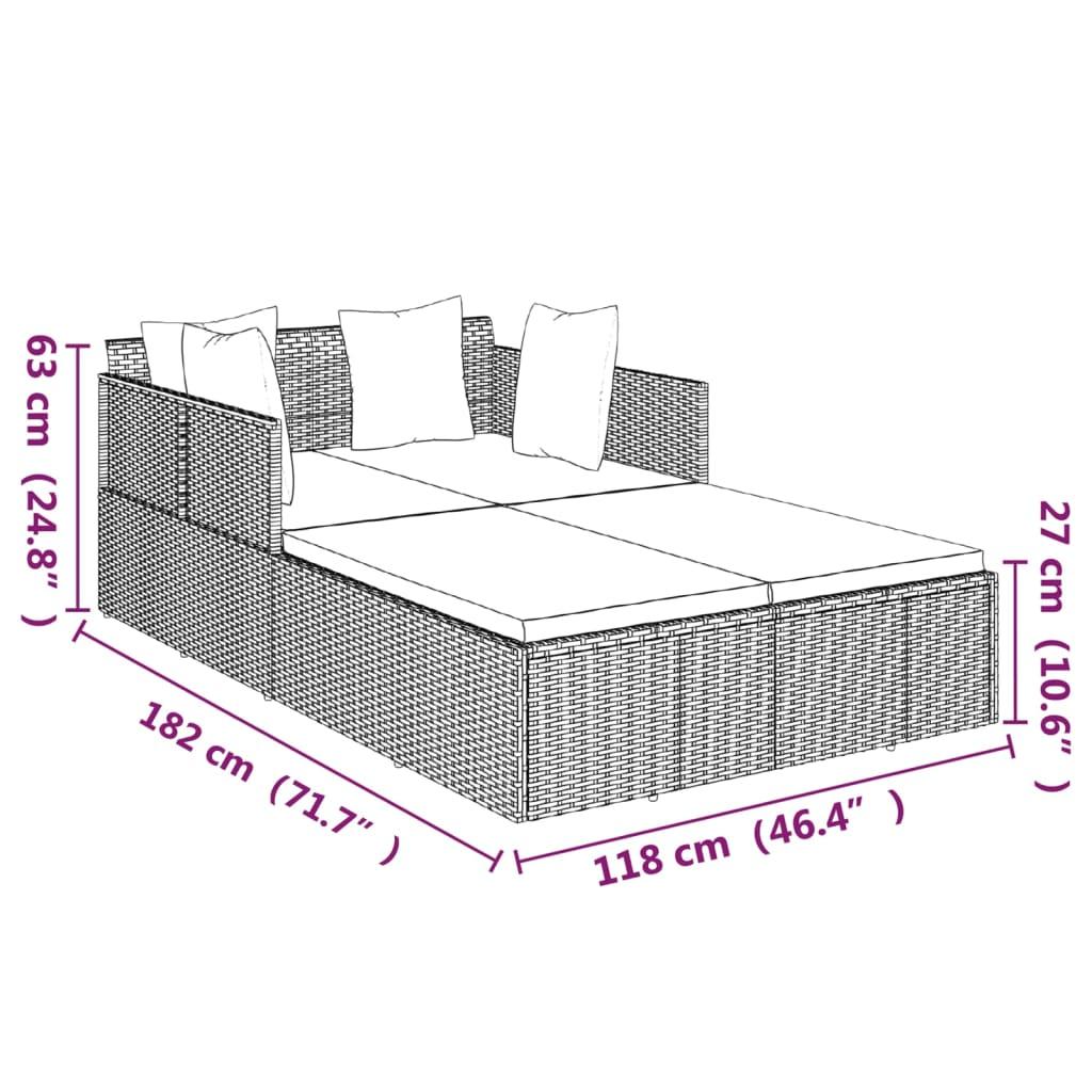 Solseng med hynder 182x118x63 cm polyrattan brun