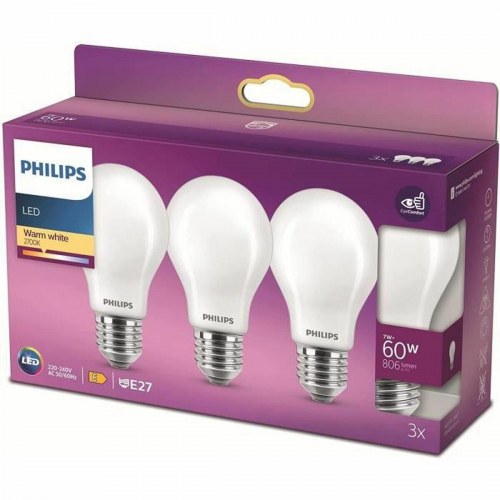 Philips LED pære E27 7 W (60 W) 806 lm - 2700 K, 3-pak
