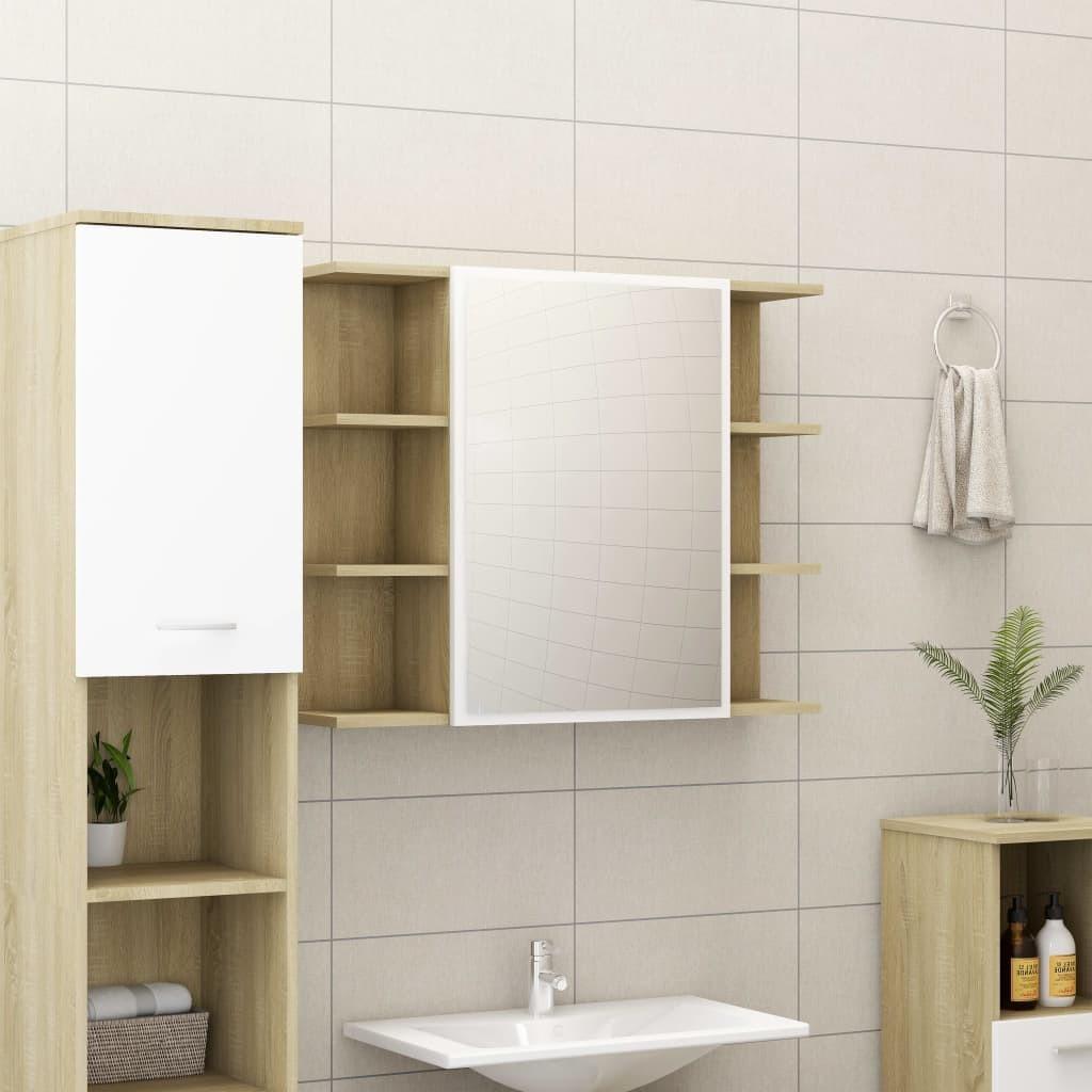 Badeværelsesskab m spejl 80x20,5x64 cm spånplade sonoma-eg hvid