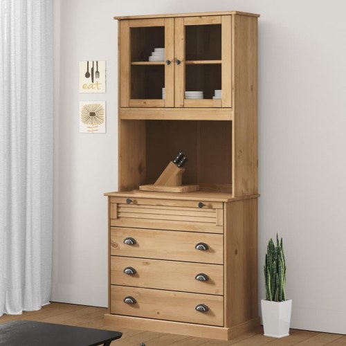 Skænk VIGO 80×40×176 cm i massivt fyrretræ - højskab med glaslåger og skuffer