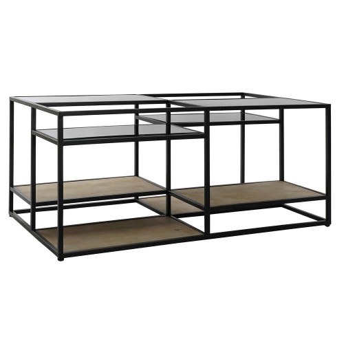 Sofabord i træ, metal og spejl - sort/natur, 120 × 60 × 50 cm