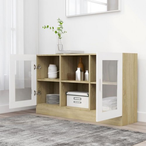 Vitrineskab 120x30,5x70 cm konstrueret træ hvid og sonoma-eg