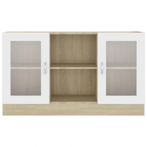 Vitrineskab 120x30,5x70 cm konstrueret træ hvid og sonoma-eg